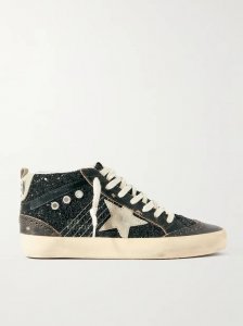 Mid Star suede and leather-trimmed distressed glittered faux leather sneakers Mid Star suede and leather-trimmed distressed glittered faux leather sneakers