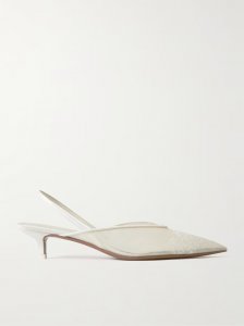 Irena satin and lace-trimmed mesh slingback pumps Irena satin and lace-trimmed mesh slingback pumps
