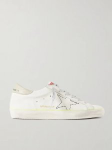 Superstar distressed embroidered textured-leather sneakers