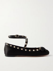 Rockstud leather-trimmed satin ballet flats Rockstud leather-trimmed satin ballet flats