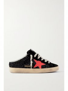 Super-Star Sabot distressed glittered leather and suede slip-on sneakers Super-Star Sabot distressed glittered leather and suede slip-on sneakers