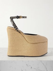 La Wedge 140 leather-trimmed raffia platform pumps La Wedge 140 leather-trimmed raffia platform pumps