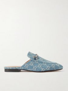 Princetown horsebit-detailed denim-jacquard slippers Princetown horsebit-detailed denim-jacquard slippers