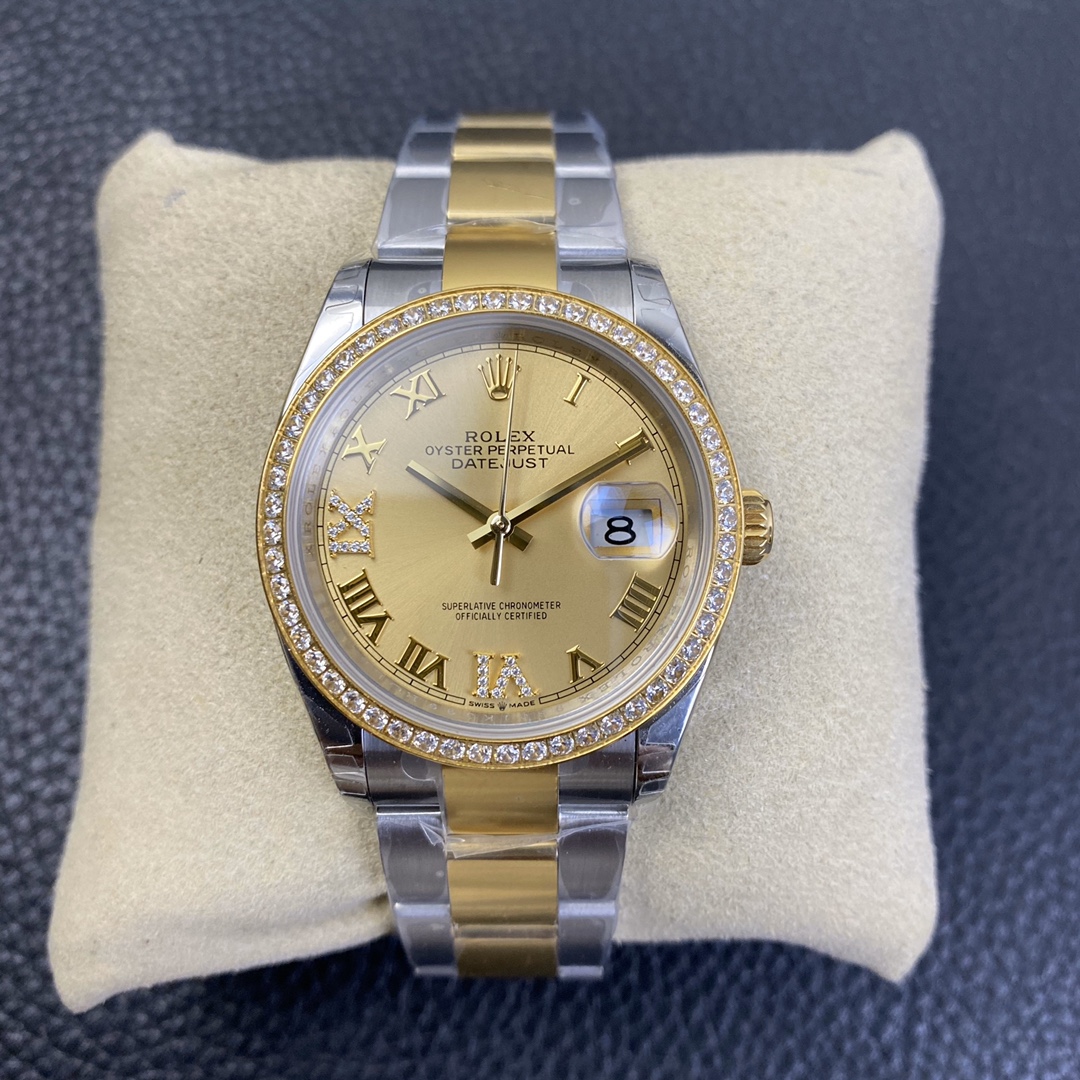 Rolex Datejust 36 Series, Top-of-the-Line Model with Gold Roman Numerals and Diamond Bezel Rolex Datejust 36 Series, Top-of-the-Line Model with Gold Roman Numerals and Diamond Bezel