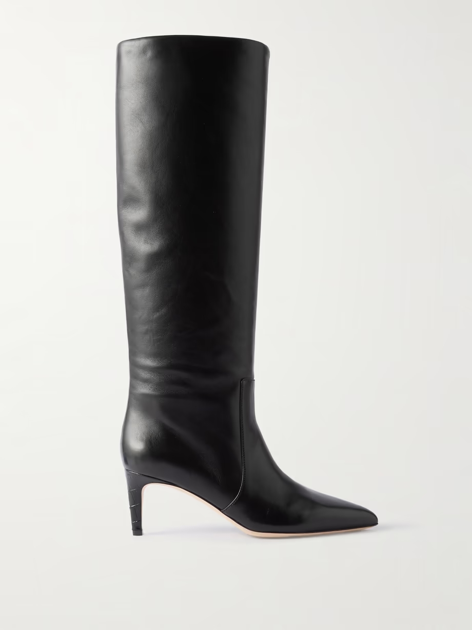 Stiletto croc-effect trimmed leather knee boots Stiletto croc-effect trimmed leather knee boots