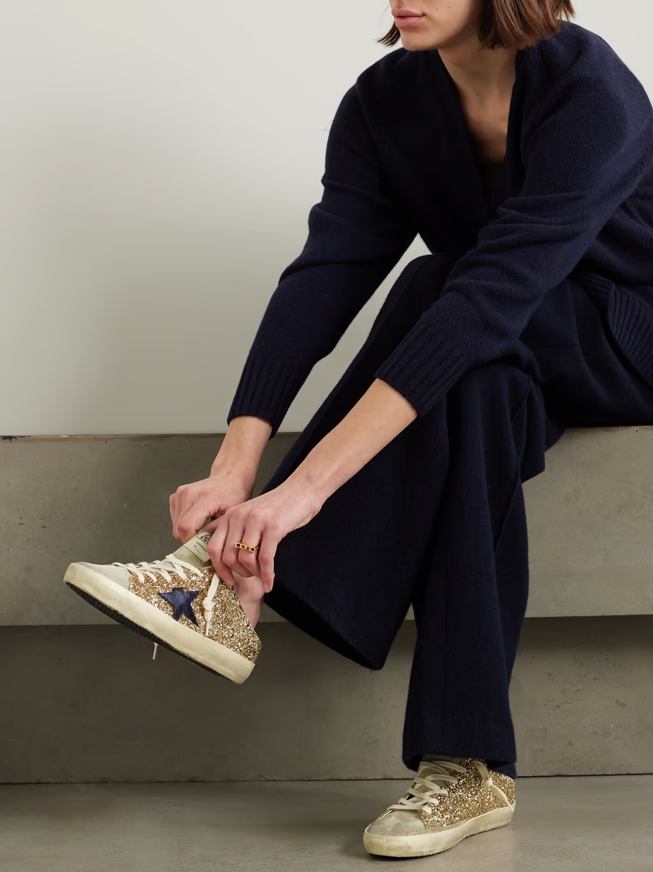 Super-Star Sabot distressed leather-trimmed glittered suede slip-on sneakers Super-Star Sabot distressed leather-trimmed glittered suede slip-on sneakers