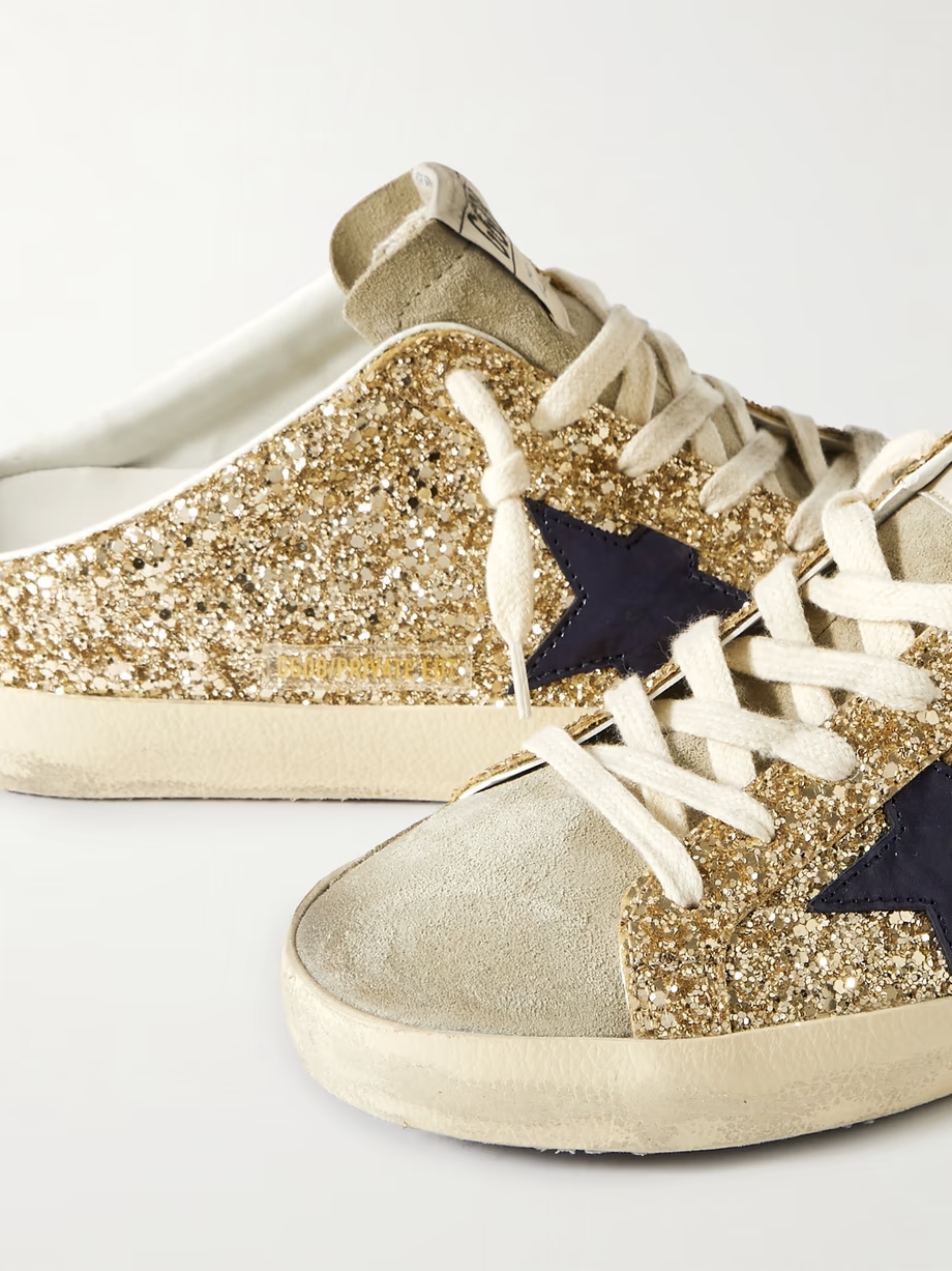 Super-Star Sabot distressed leather-trimmed glittered suede slip-on sneakers Super-Star Sabot distressed leather-trimmed glittered suede slip-on sneakers