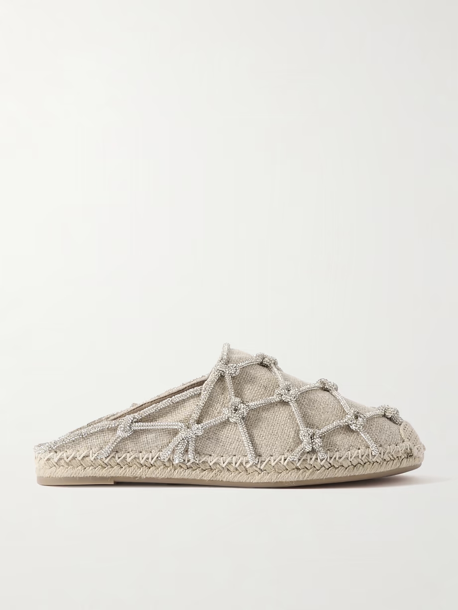 Crystal-embellished linen espadrille mules Crystal-embellished linen espadrille mules