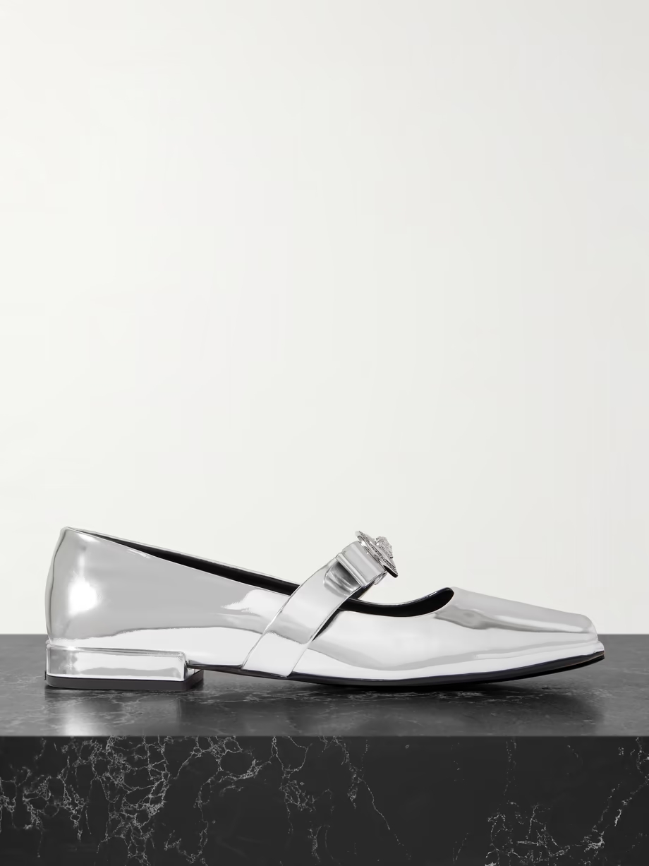 Embellished mirrored-leather open-toe ballet flats Embellished mirrored-leather open-toe ballet flats