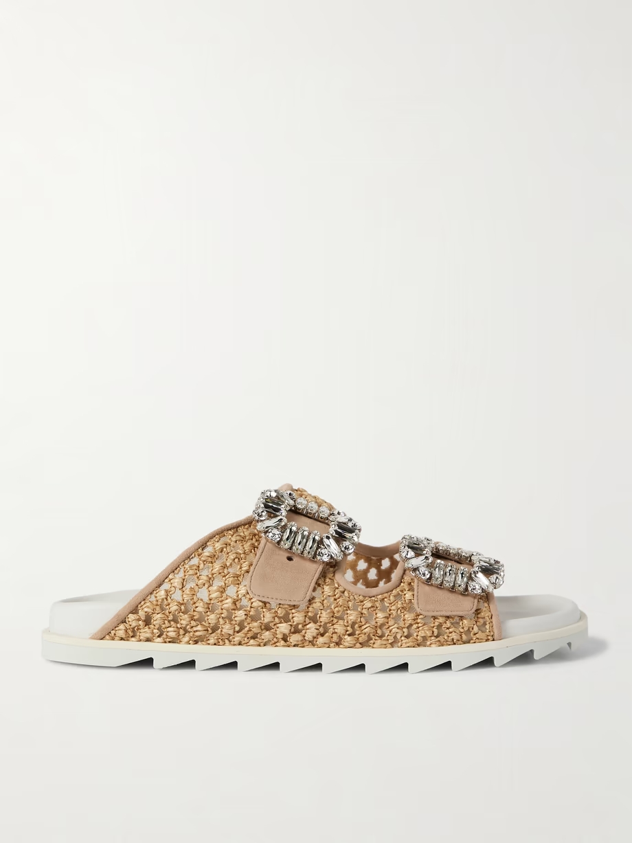 Slidy Viv crystal-embellished suede-trimmed raffia slides Slidy Viv crystal-embellished suede-trimmed raffia slides