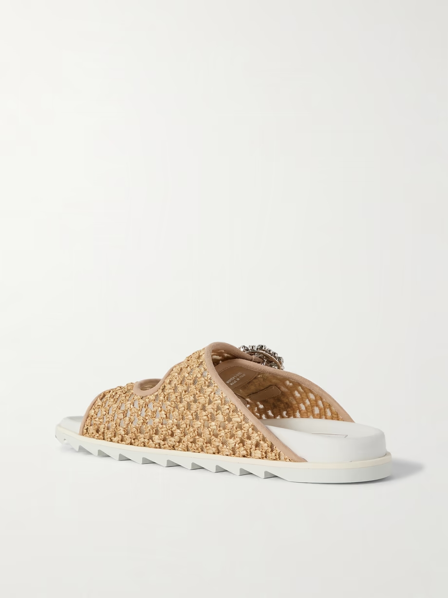 Slidy Viv crystal-embellished suede-trimmed raffia slides Slidy Viv crystal-embellished suede-trimmed raffia slides