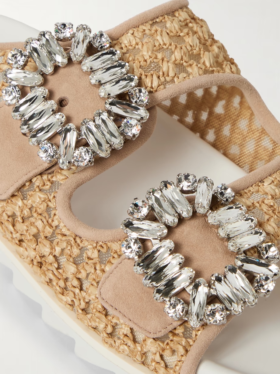 Slidy Viv crystal-embellished suede-trimmed raffia slides Slidy Viv crystal-embellished suede-trimmed raffia slides
