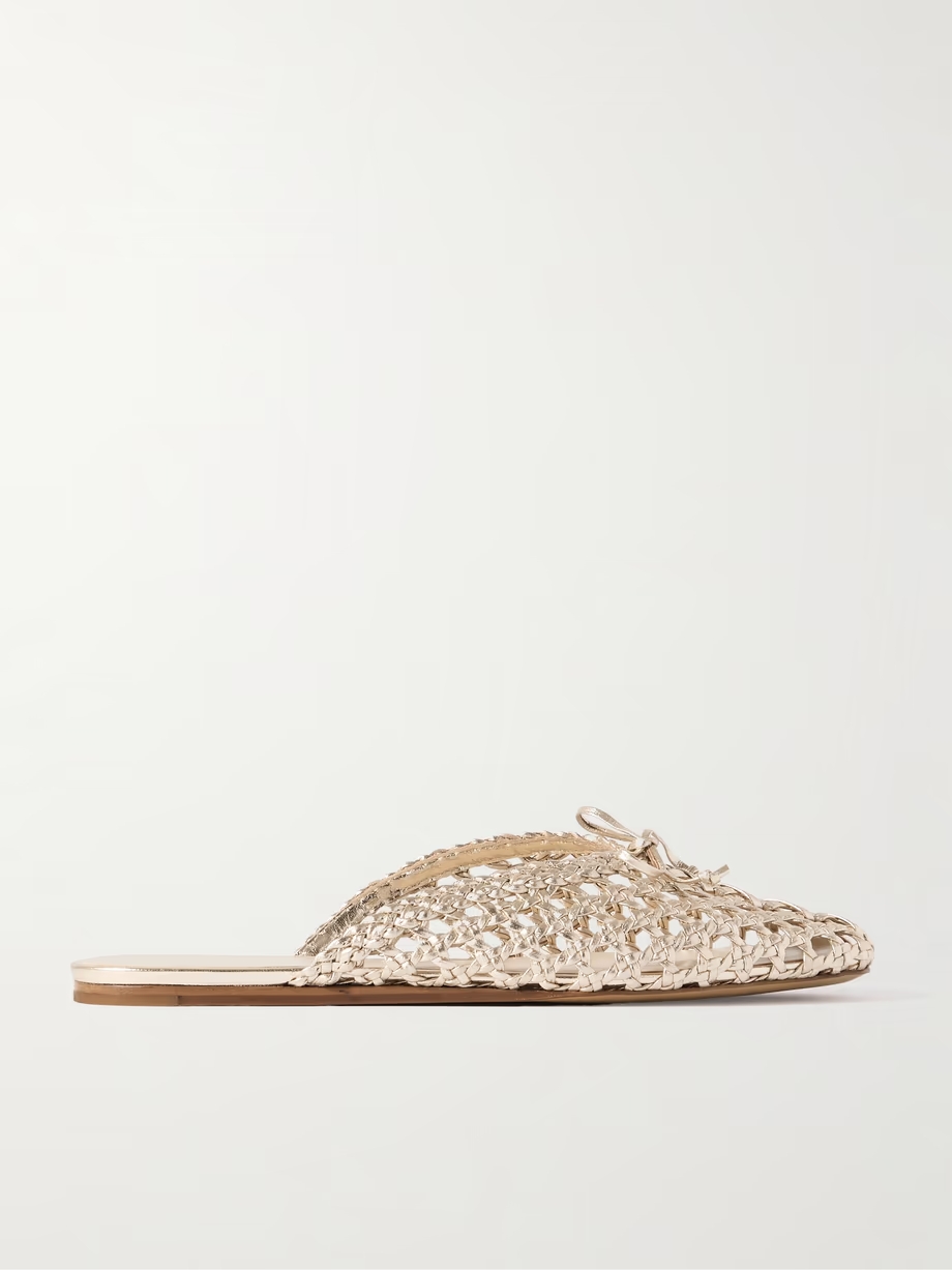 Regency bow-embellished woven metallic leather slides Regency bow-embellished woven metallic leather slides