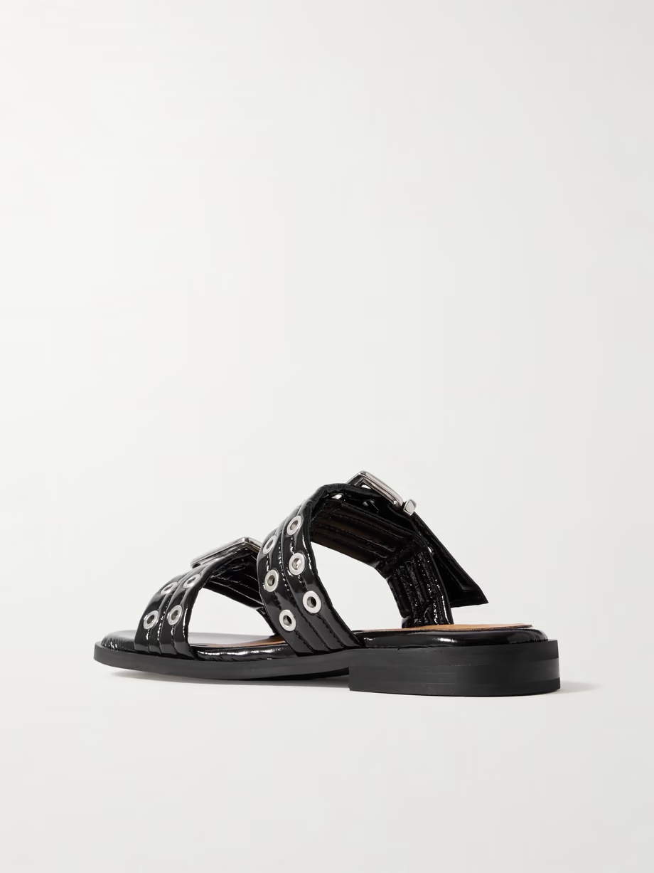 Buckled eyelet-embellished recycled faux patent-leather sandals Buckled eyelet-embellished recycled faux patent-leather sandals