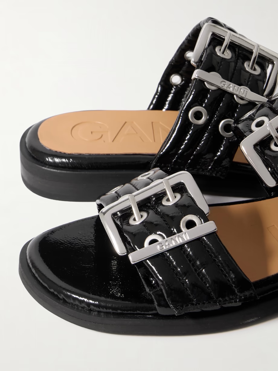 Buckled eyelet-embellished recycled faux patent-leather sandals Buckled eyelet-embellished recycled faux patent-leather sandals