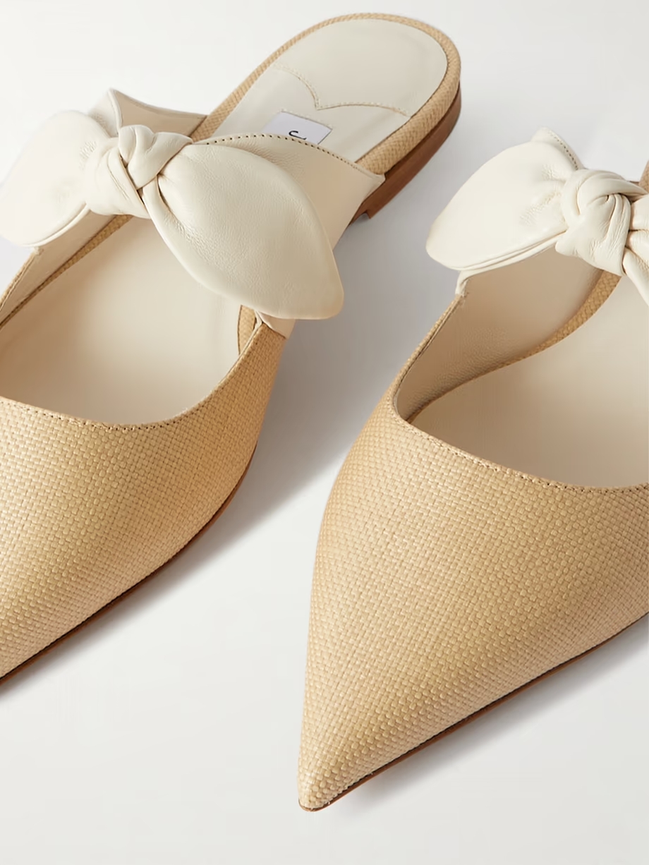 Rali bow-embellished leather and raffia mules Rali bow-embellished leather and raffia mules