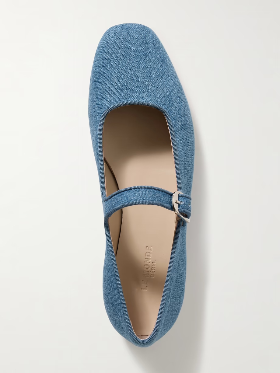 Grosgrain-trimmed denim Mary Jane ballet flats Grosgrain-trimmed denim Mary Jane ballet flats
