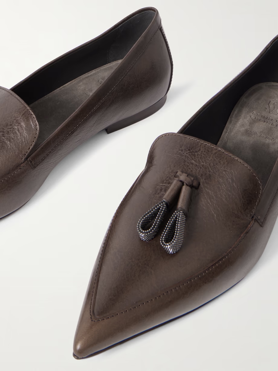 Bead-embellished tassled leather loafers Bead-embellished tassled leather loafers