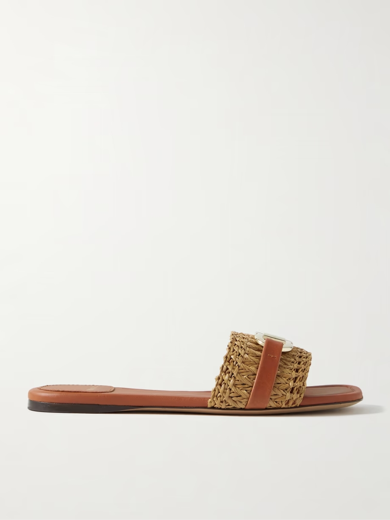 Leah logo-embellished leather-trimmed raffia sandals Leah logo-embellished leather-trimmed raffia sandals