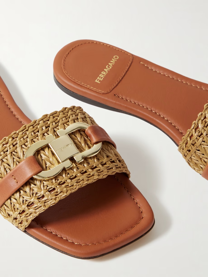 Leah logo-embellished leather-trimmed raffia sandals Leah logo-embellished leather-trimmed raffia sandals