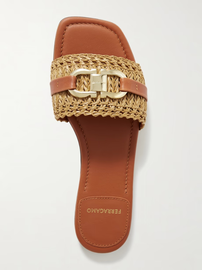 Leah logo-embellished leather-trimmed raffia sandals Leah logo-embellished leather-trimmed raffia sandals