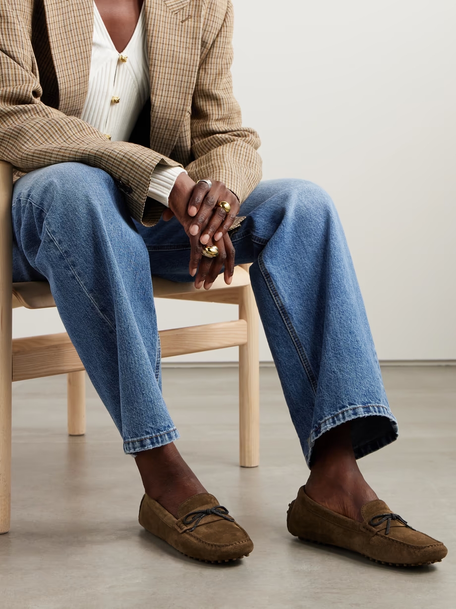 Beaded bow-embellished suede driving shoes Beaded bow-embellished suede driving shoes