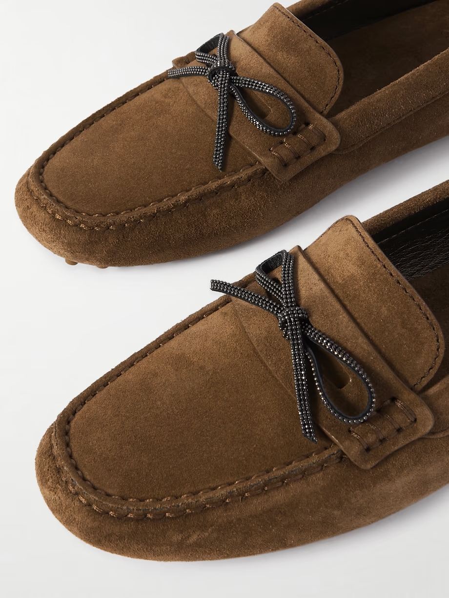 Beaded bow-embellished suede driving shoes Beaded bow-embellished suede driving shoes