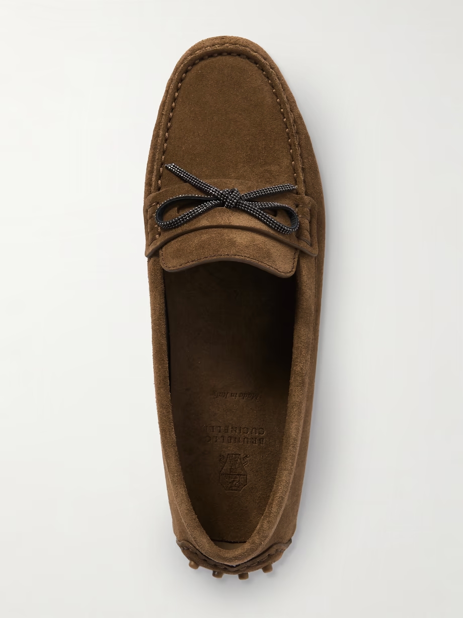 Beaded bow-embellished suede driving shoes Beaded bow-embellished suede driving shoes