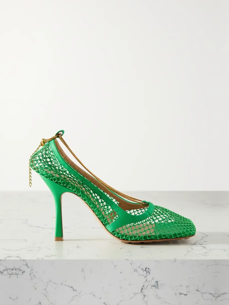 Chain-embellished macramé and leather pumps Chain-embellished macramé and leather pumps
