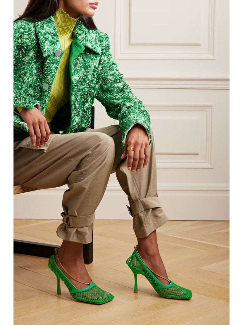 Chain-embellished macramé and leather pumps Chain-embellished macramé and leather pumps