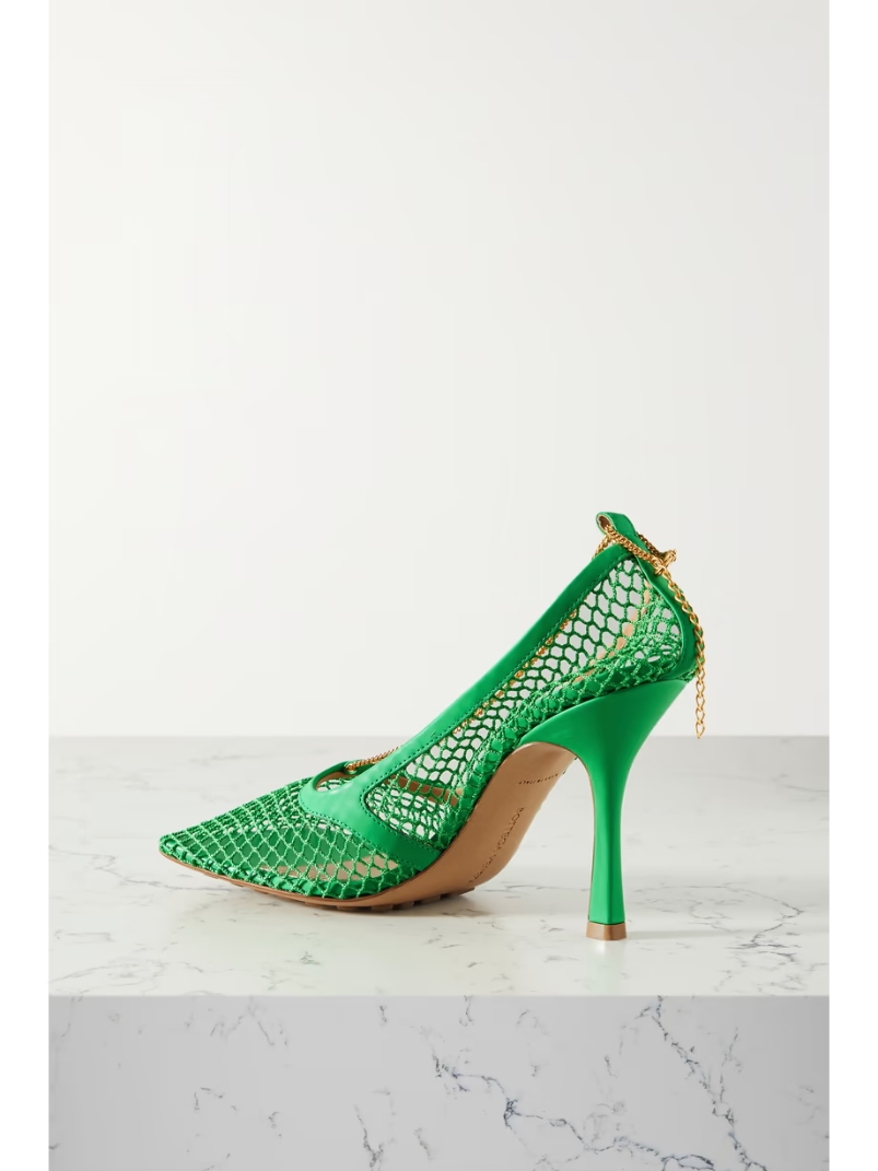 Chain-embellished macramé and leather pumps Chain-embellished macramé and leather pumps