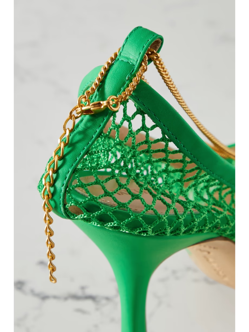 Chain-embellished macramé and leather pumps Chain-embellished macramé and leather pumps