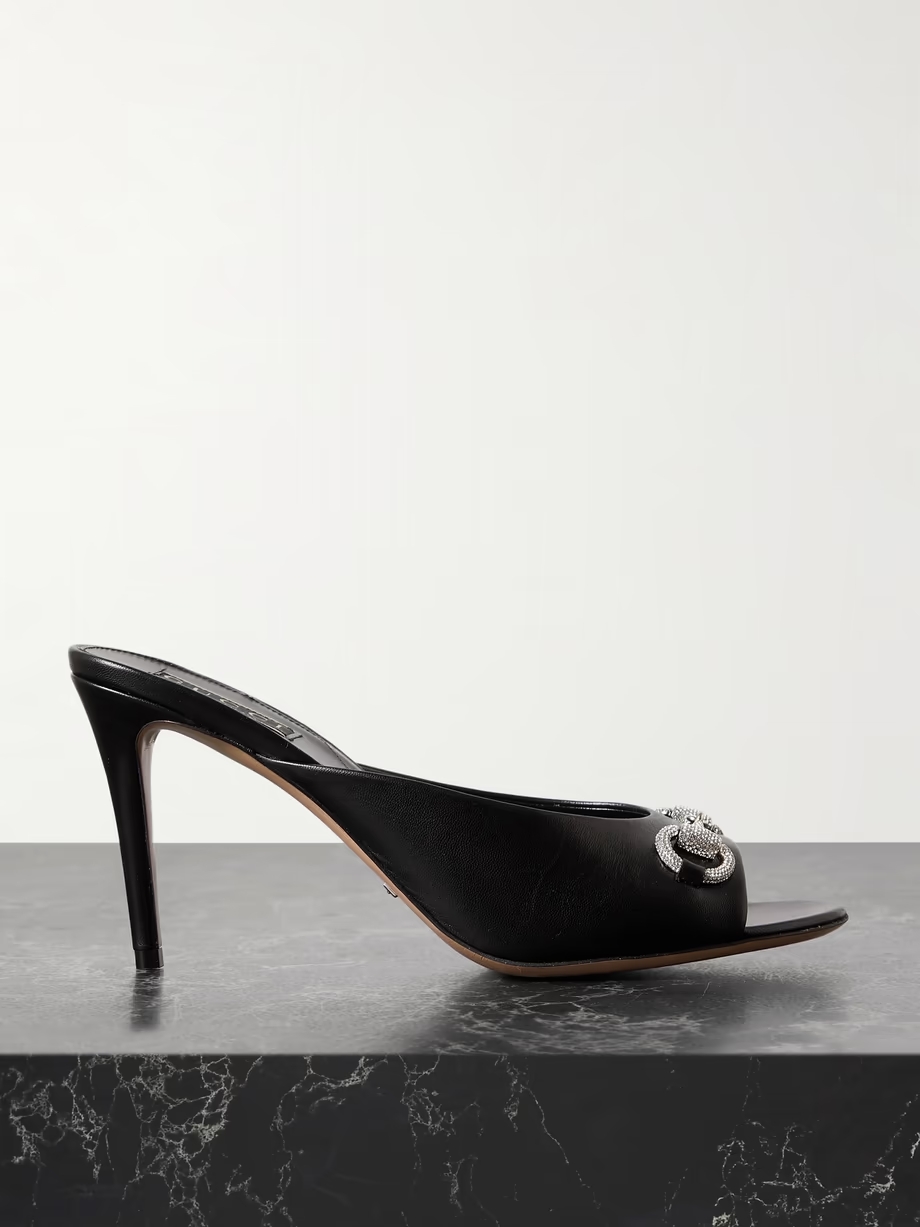 Crystal-embellished horsebit-detailed leather mules Crystal-embellished horsebit-detailed leather mules