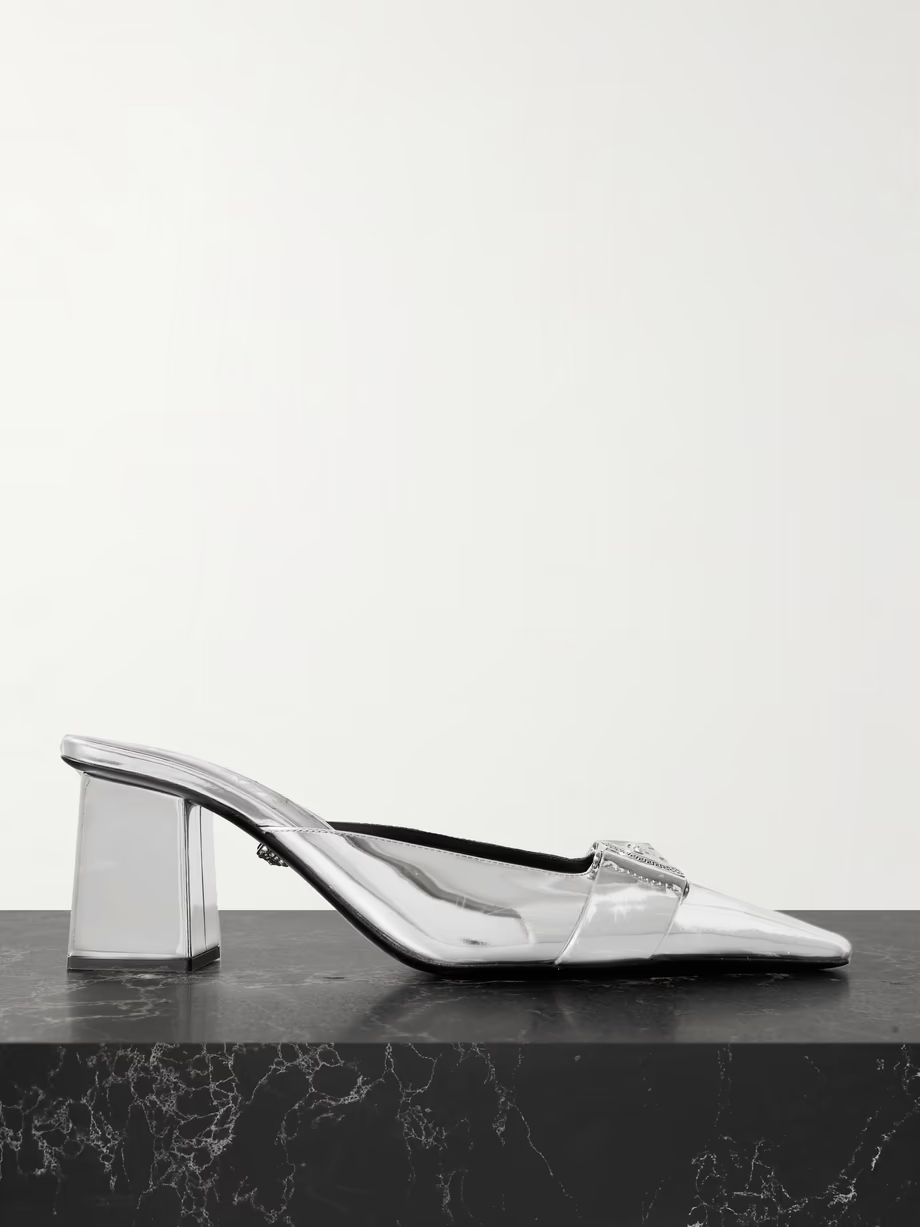 Embellished mirrored-leather mules Embellished mirrored-leather mules