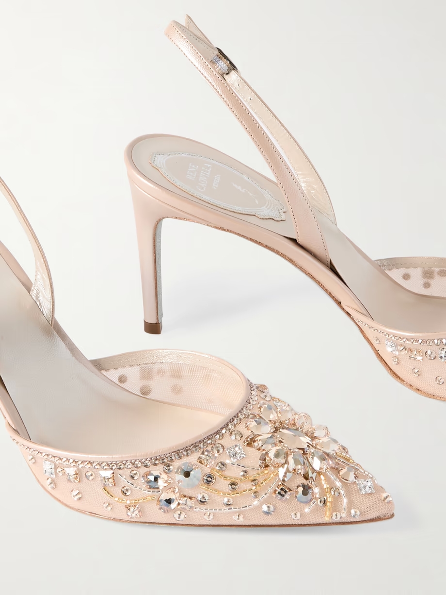 Crystal-embellished leather and tulle slingback pumps Crystal-embellished leather and tulle slingback pumps