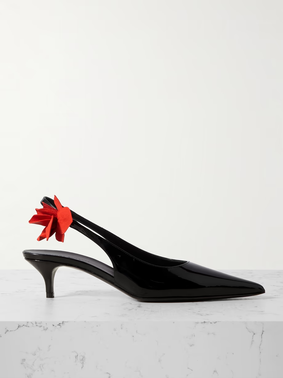 Appliquéd patent-leather slingback pumps Appliquéd patent-leather slingback pumps