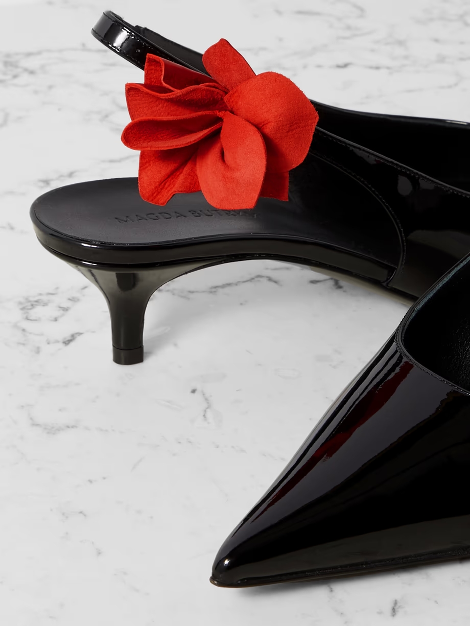 Appliquéd patent-leather slingback pumps Appliquéd patent-leather slingback pumps