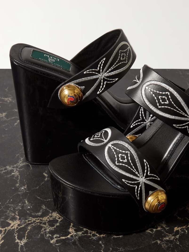 Embellished embroidered leather wedge sandals Embellished embroidered leather wedge sandals