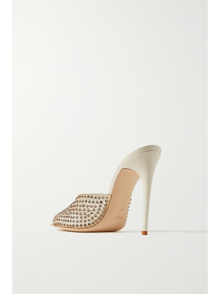 Blonde leather-trimmed crystal-embellished mesh mules Blonde leather-trimmed crystal-embellished mesh mules