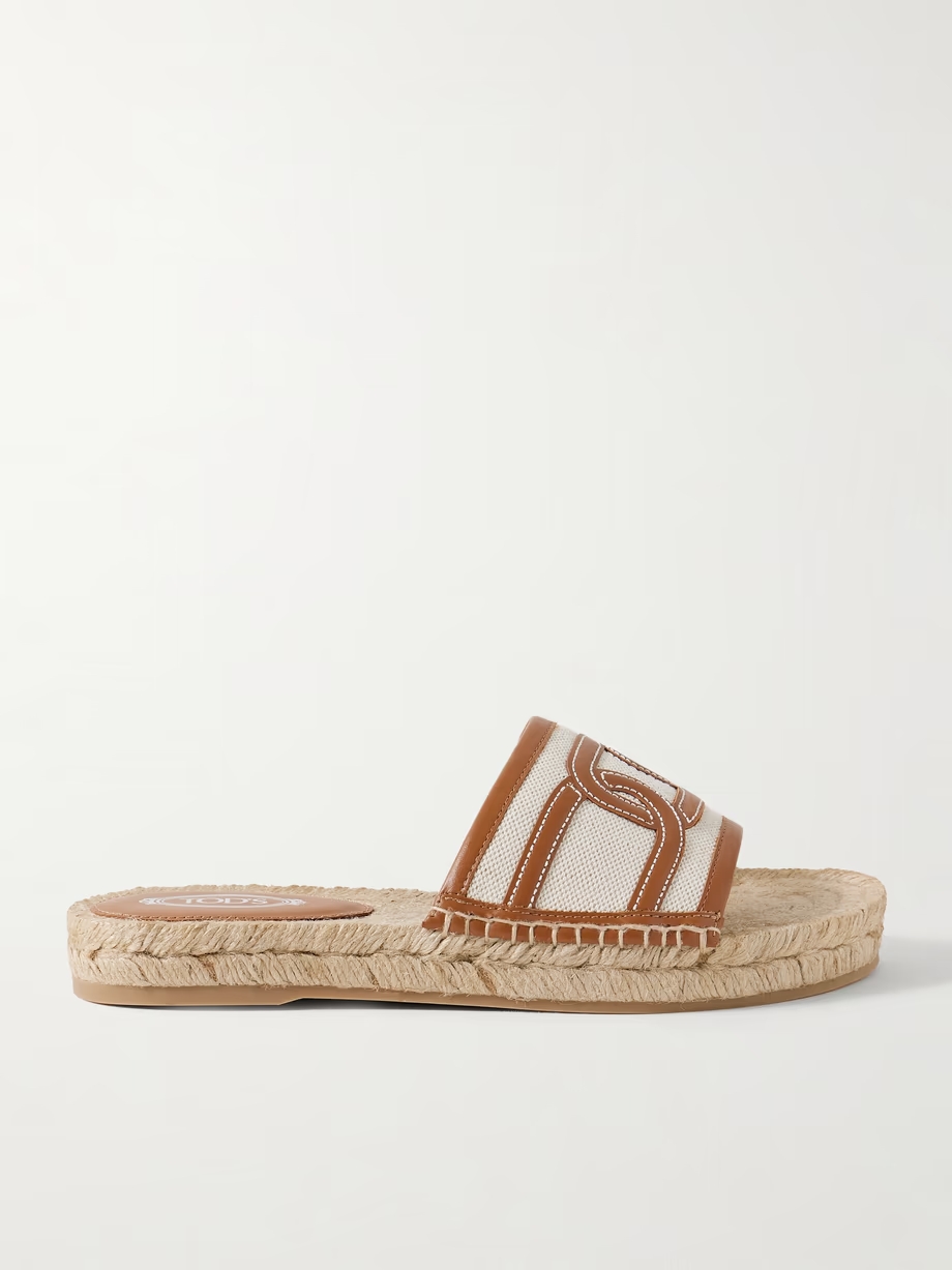 Leather and cavas-trimmed raffia slides Leather and cavas-trimmed raffia slides