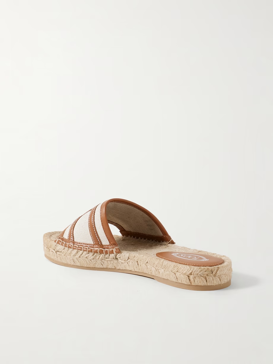 Leather and cavas-trimmed raffia slides Leather and cavas-trimmed raffia slides