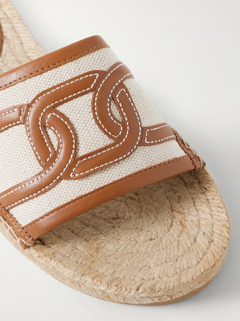 Leather and cavas-trimmed raffia slides Leather and cavas-trimmed raffia slides