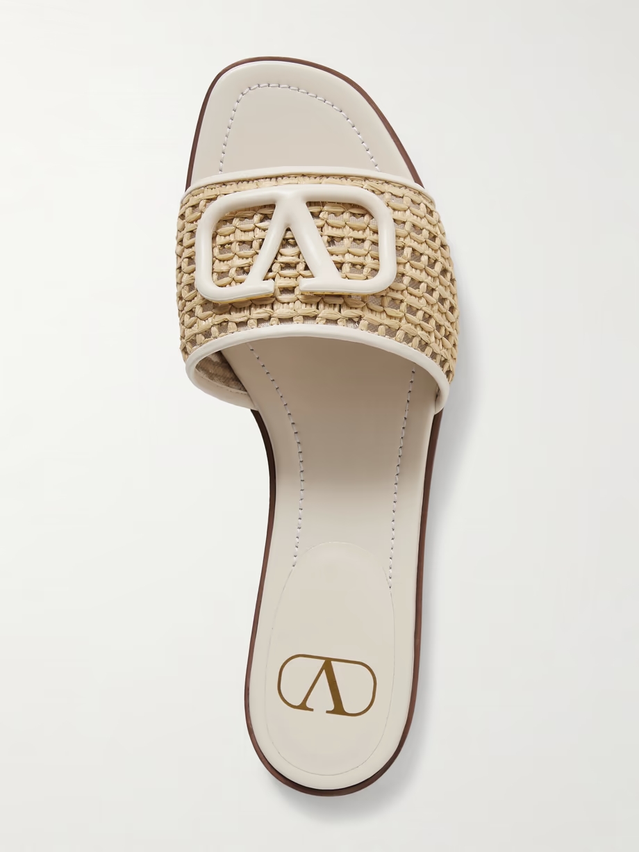 VLOGO embellished leather-trimmed raffia slides VLOGO embellished leather-trimmed raffia slides
