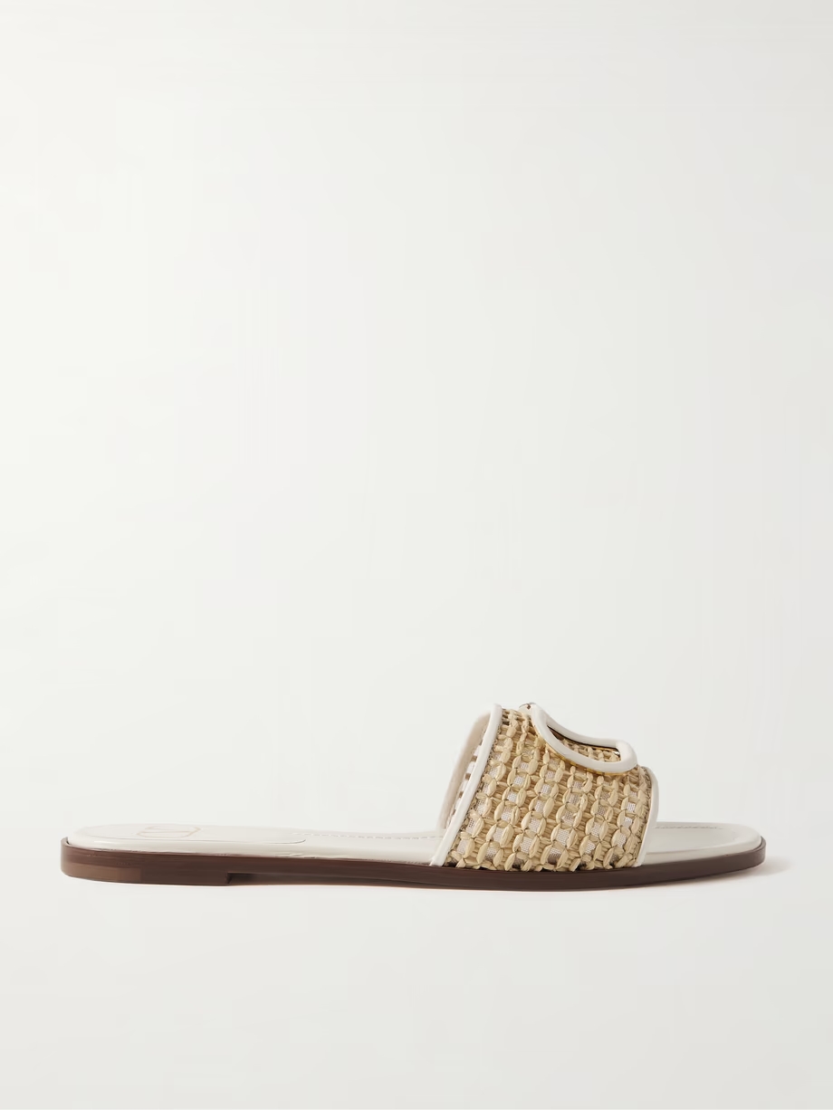 VLOGO embellished leather-trimmed raffia slides VLOGO embellished leather-trimmed raffia slides