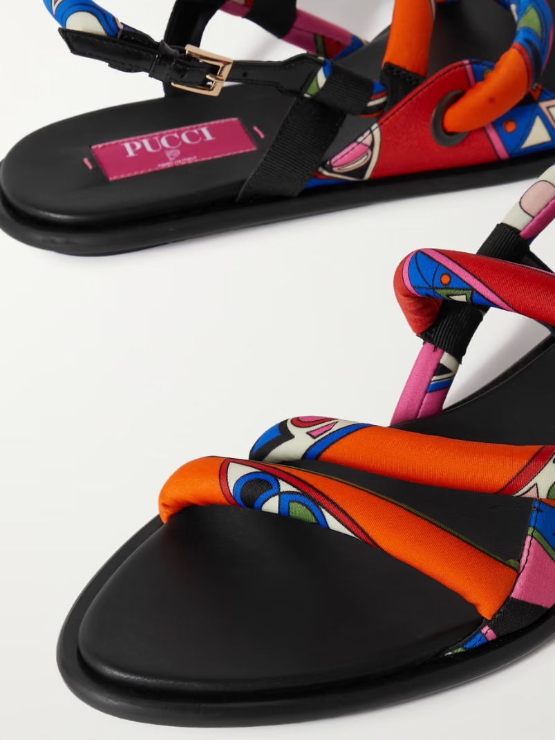 Patent-leather trimmed printed shell sandals Patent-leather trimmed printed shell sandals