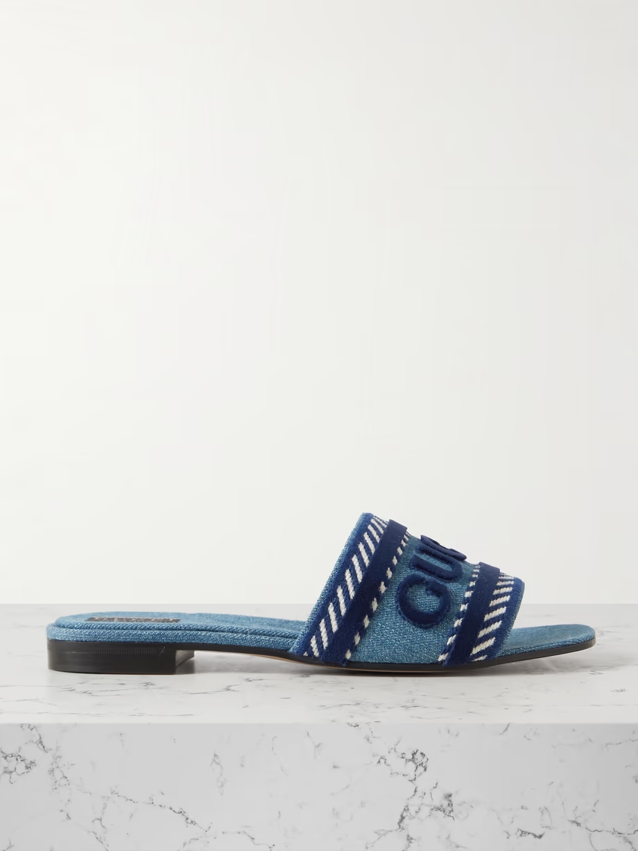 Jane velvet-trimmed embroidered denim slides Jane velvet-trimmed embroidered denim slides