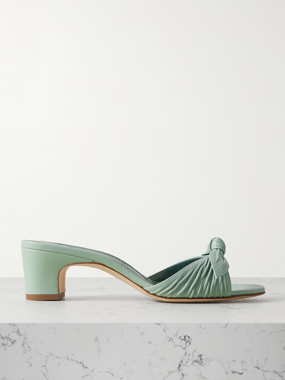 Lolloso 50 bow-detailed ruched leather mules Lolloso 50 bow-detailed ruched leather mules