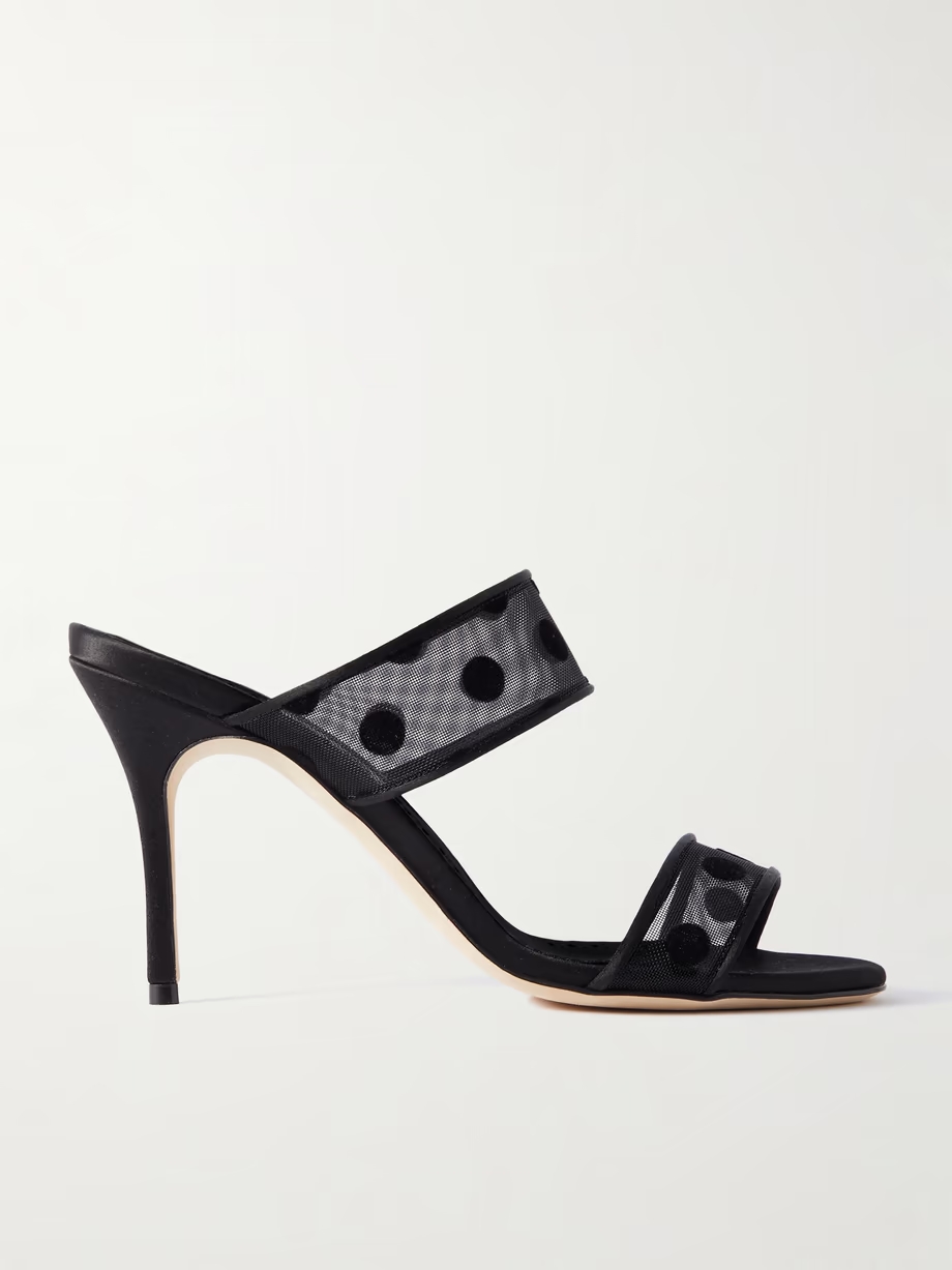 Scolobi 90 satin-trimmed flocked mesh sandals Scolobi 90 satin-trimmed flocked mesh sandals