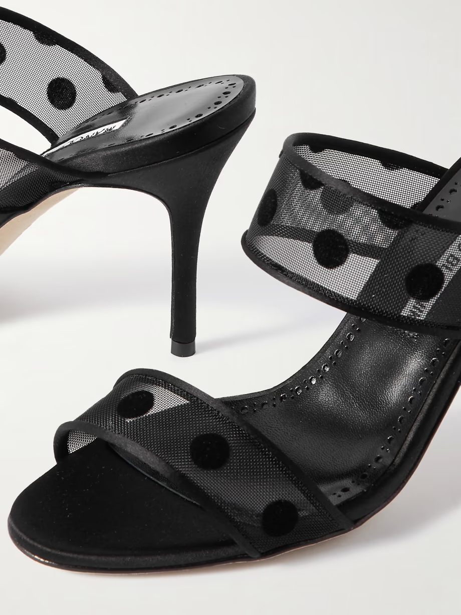 Scolobi 90 satin-trimmed flocked mesh sandals Scolobi 90 satin-trimmed flocked mesh sandals