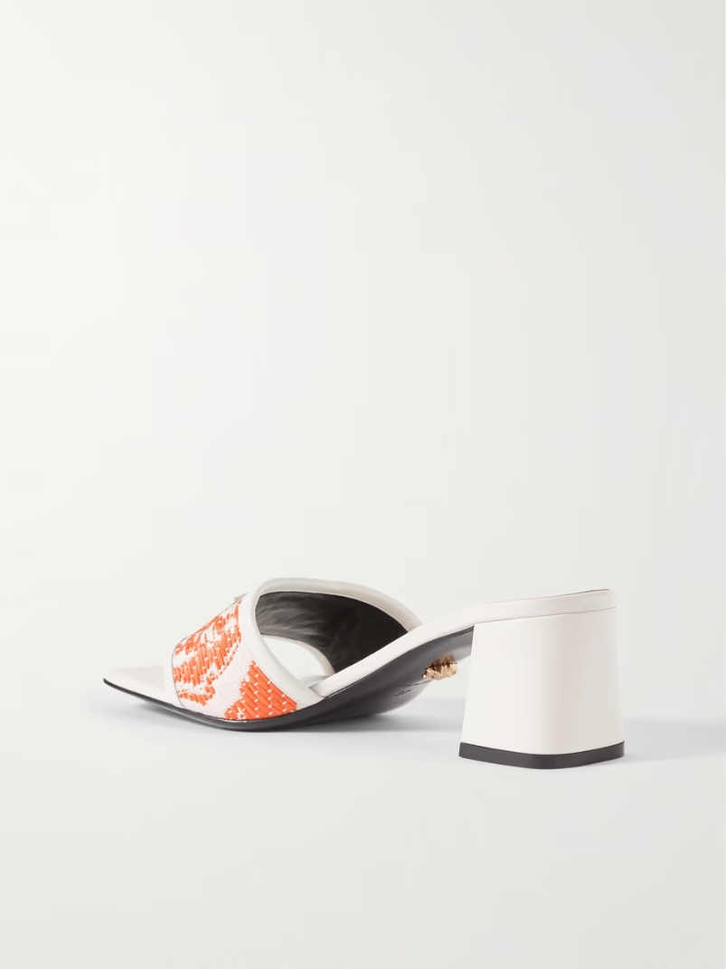 Appliquéd leather-trimmed woven faux raffia mules Appliquéd leather-trimmed woven faux raffia mules